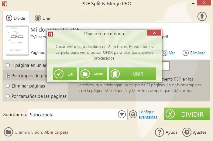 Icecream PDF Split and Merge - mensaje de división completa